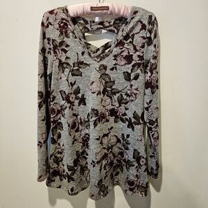 IZ BYER WOMEN'S GREY PULLOVER TUNIC TOP BURGANDY & GREEN FLORAL SIZE SMALL